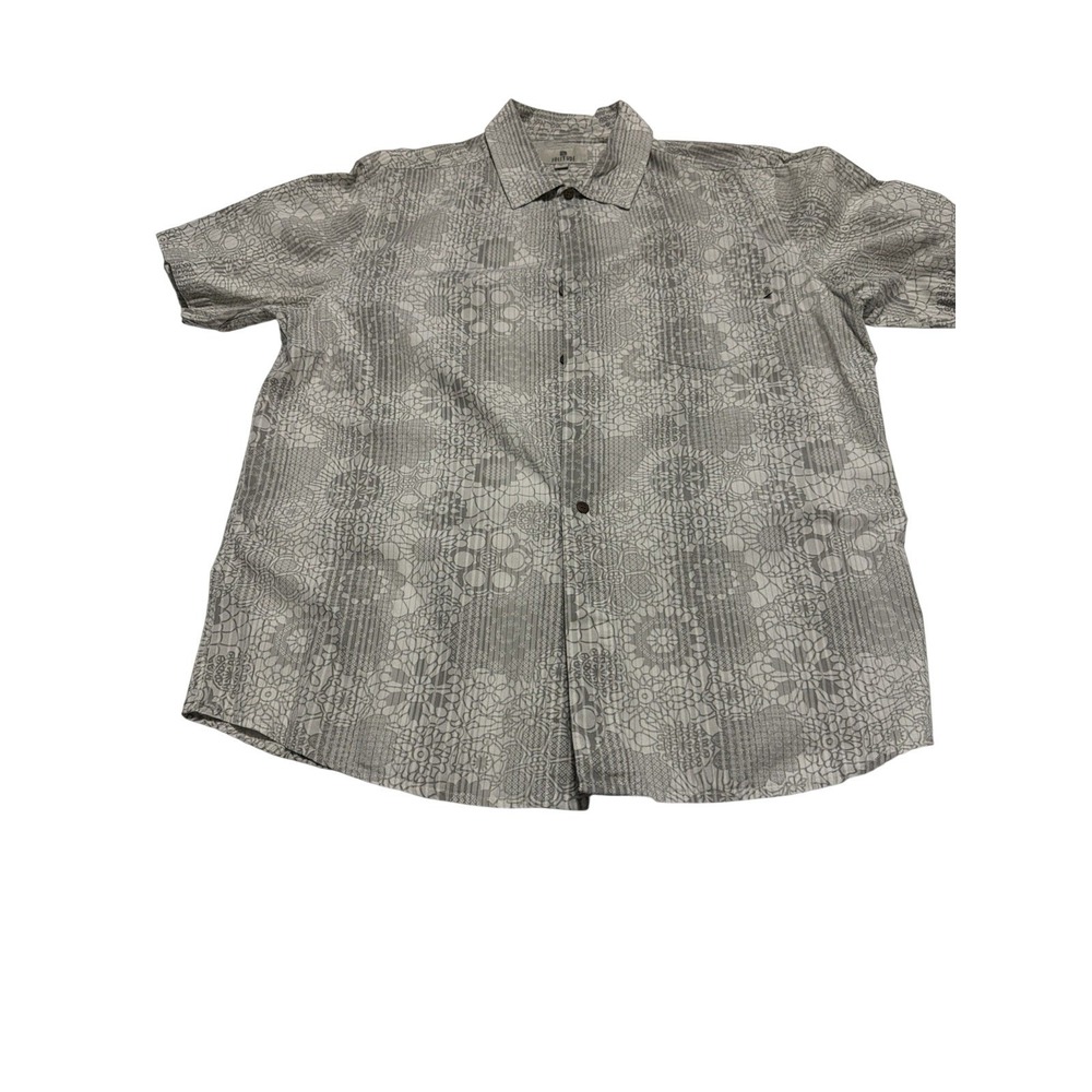 Solitude Mens Medium Grey Geometric Floral Cotton Short Sleeve Button Shirt